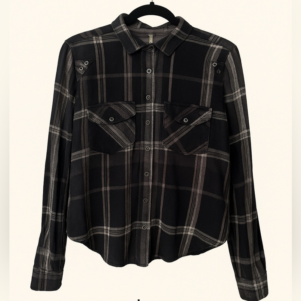 Free People Black Gray Checkered Plaid Long Sleeve‎ Button Down Shirt Womens XS
